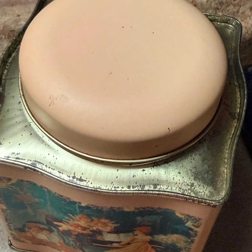 Vintage Decorative Peach  Pink Metal Canister with Cherub Panel‎ Victorian